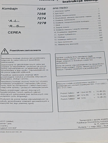 63001925m4 AGCO MASSEY FERGUSON 7200 COMBINE MANUAL POLISH LANGUAGE
