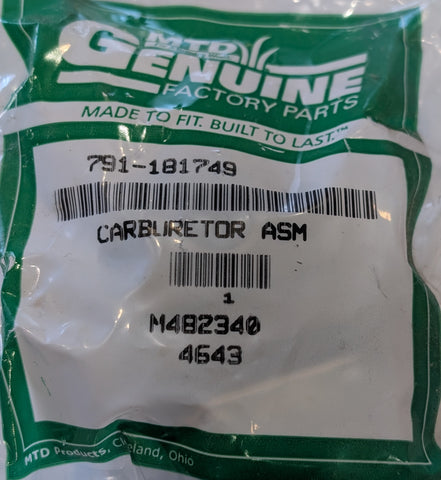 Carburetor White Outdoor MTD Troy Bilt Cub Cadet Part # 791-181749