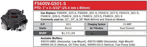 Genuine OEM Kawasaki FS600V-GS01S 18.5HP 1" Vertical RS Engine w/o Muffler