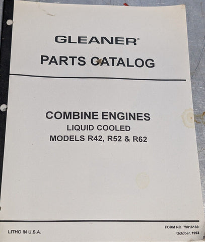 Gleaner R42, R52 & R62 Combine Engine Parts Catalog Manual Water Cooled Engines