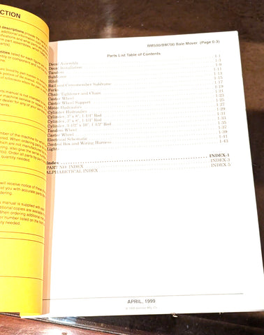 Vermeer BM500/BM700 BALE MOVER Parts Manual #105400-Q99 1999
